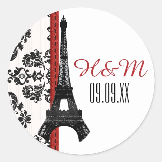 ROOD Monogram Damask Eiffeltoren Bruiloft Ronde Sticker (Voorkant)