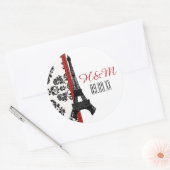 ROOD Monogram Damask Eiffeltoren Bruiloft Ronde Sticker (Envelop)