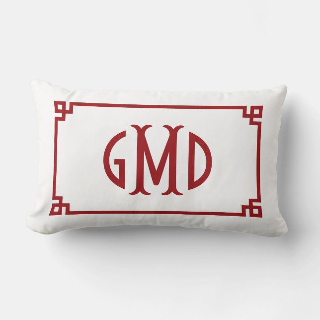 Rood Monogram Grieks Sleutel Grens Lumbaal Kussen (Voorkant)