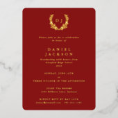 Rood monogram + Laurel Wreated Afstuderen Folie Uitnodiging (Voorkant)