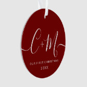 Rood Monogram Onze Eerste Kerstmis Aangepaste Foto Ornament (voorkant)
