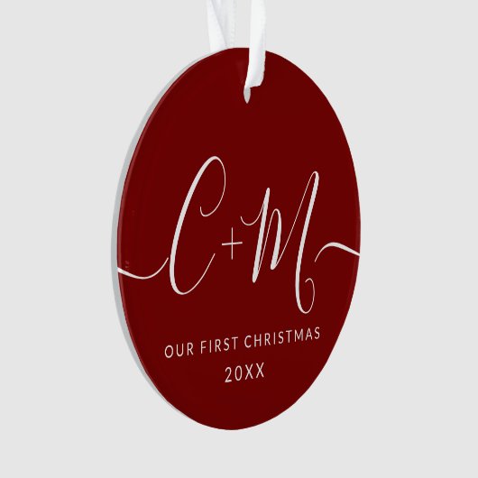 Rood Monogram Onze Eerste Kerstmis Aangepaste Foto Ornament (voorkant)