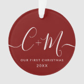 Rood Monogram Onze Eerste Kerstmis Aangepaste Foto Ornament (voorkant)