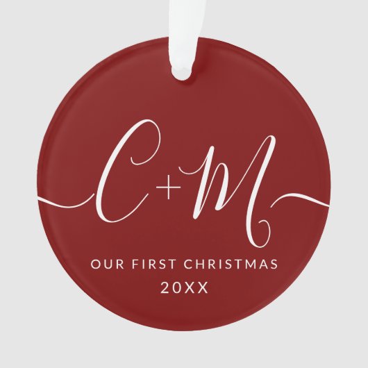 Rood Monogram Onze Eerste Kerstmis Aangepaste Foto Ornament (voorkant)