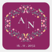 Rood  Monogram Schattige Kleurrijke Bloemenbruilof Vierkante Sticker (Voorkant)