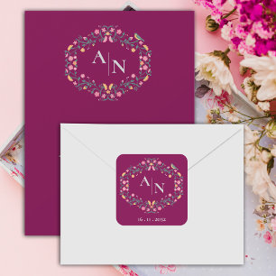 Rood  Monogram Schattige Kleurrijke Bloemenbruilof Vierkante Sticker