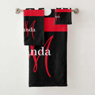 Rood Monogram Zwart Wit Polka Dot Badhanddoek Set Bad Handdoek