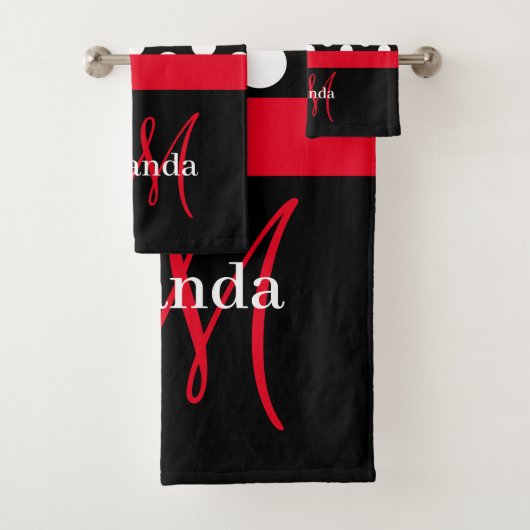 Rood Monogram Zwart Wit Polka Dot Badhanddoek Set Bad Handdoek (Insitu)