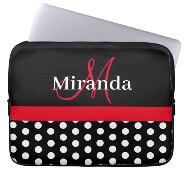 Rood Monogram Zwart Wit Polka Dot Laptop Sleeve (Voorkant)