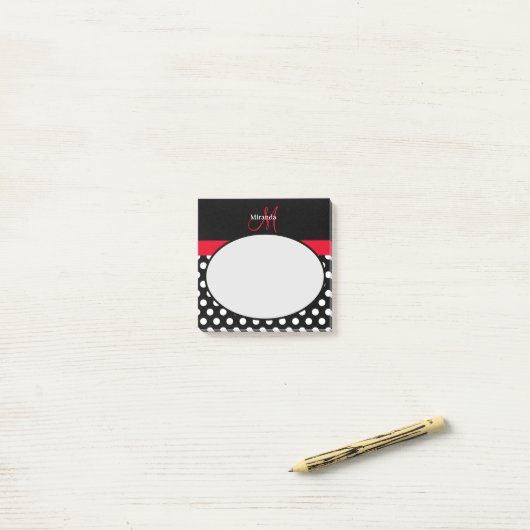 Rood Monogram Zwart Wit Polka Dot Post-it® Notes (Op bureau)