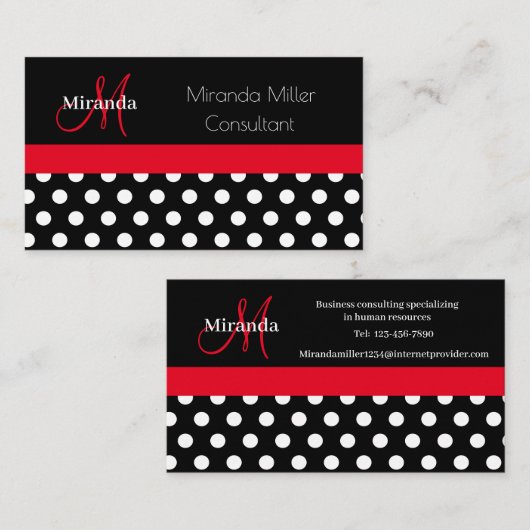 Rood Monogram Zwart Wit Polka Dot Visitekaartje (Voorkant / Achterkant)