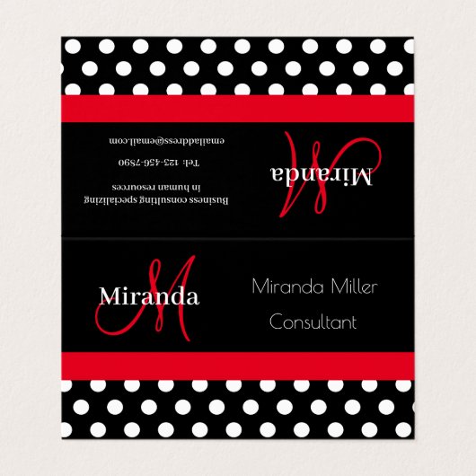 Rood Monogram Zwart Wit Polka Dot Visitekaartje (Buitenkant ongevouwen)