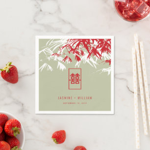 Rood/Mos Bamboe bladeren Dubbele Xi Chinese bruilo Servet