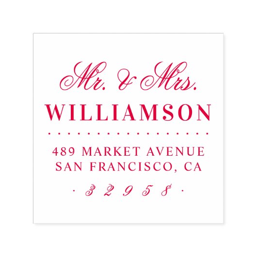 Rood Mr. & Mrs Familienaam Bruiloft Retouradres Zelfinktende Stempel (Design)