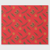 Rood Naadloos inpakpapier: Maple Leaf Pinecone Cadeaupapier (Vlak)