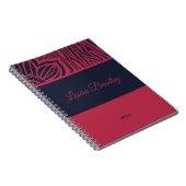 Rood & Navy Blauw Bloemen Zebra Linocut Naam & Jaa Notitieboek (Rechterzijde)
