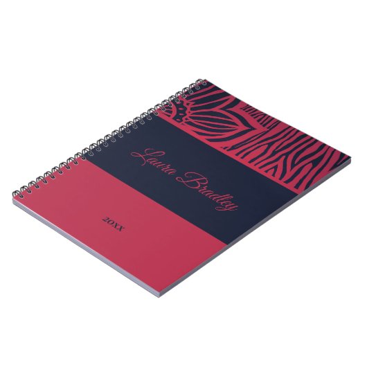 Rood & Navy Blauw Bloemen Zebra Linocut Naam & Jaa Notitieboek (Linkerzijde)