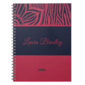 Rood & Navy Blauw Bloemen Zebra Linocut Naam & Jaa Notitieboek (Voorkant)