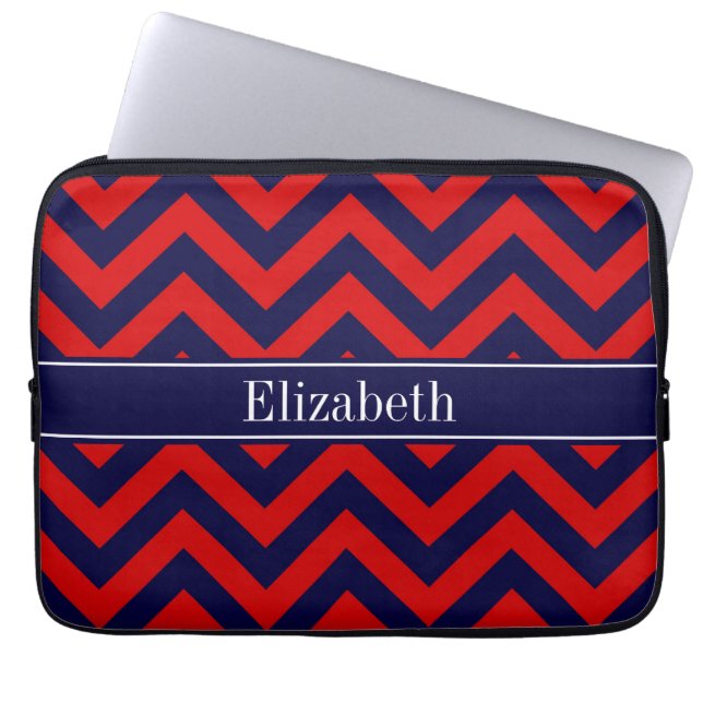 Rood, Navy Blue LG Chevron Navy Blue Name Monogram Laptop Sleeve (Voorkant)