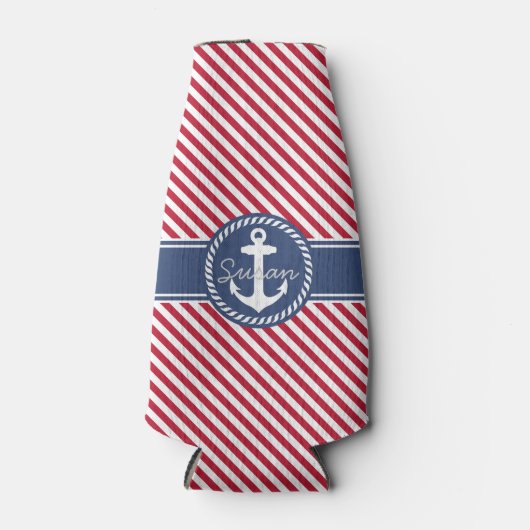 Rood & Navy Stripes Nautisch Anker Monogram Flesjeskoeler (Voorkant)