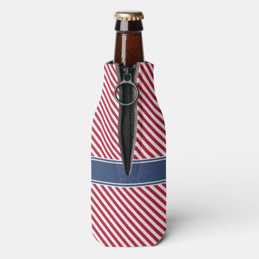 Rood & Navy Stripes Nautisch Anker Monogram Flesjeskoeler (Fles Achterkant)