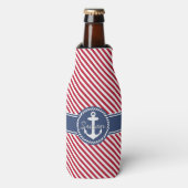 Rood & Navy Stripes Nautisch Anker Monogram Flesjeskoeler (Fles Voorkant)