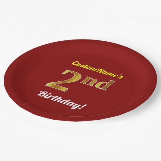 Rood, Nep Goud 2de Verjaardag + Eigen Naam Papieren Bordje (Gekanteld)