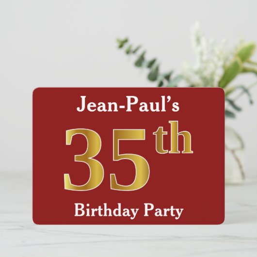 Rood, Nep Goud 35e Verjaardagsfeest + Aangepaste N Kaart (Staand voorkant)