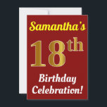 Rood, Nepgoud 18e Verjaardagsfeest   Naam Kaart<br><div class="desc">Dit ontwerp voor een geboortepartij-uitnodiging heeft een tekst als "Samantha’s 18e verjaardagsfeest!", waarbij de naam kan worden aangepast, en waarbij het getal "18e" een namaak goudkleurig uiterlijk heeft. Ook heeft het een rode achtergrondkleur. De details over het evenement op de achterzijde kunnen worden aangepast. Het kan worden gebruikt om mensen...</div>