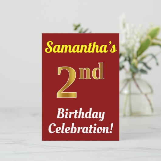 Rood, Nepgoud 2e verjaardagsfeest + Naam Kaart (Staand voorkant)