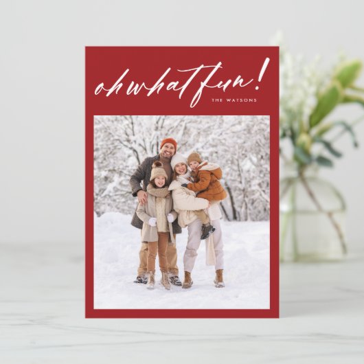 Rood Oh Wat Een Leuke Kerstvakantie Fotokaart Feestdagenkaart (Staand voorkant)