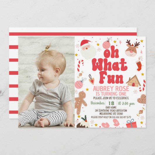 Rood Oh Wat Leuk Foto Kerstmis 1e Verjaardag Kaart (Voorkant / Achterkant)