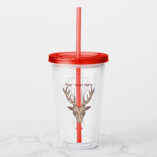Rood omrand bruin hertengewei grote gewei acryl drinkbeker (Voorkant)
