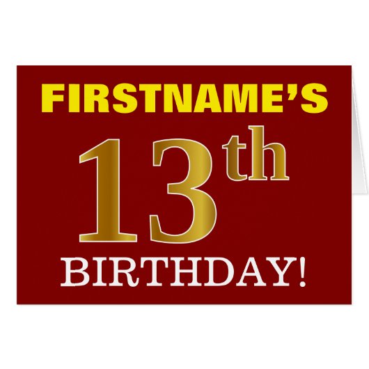 Rood, onecht goud "13e BIRTHDAY"-geboortedag Kaart (Voorkant Horizontaal)