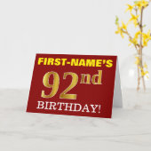 Rood, onecht goud "92e BIRTHDAY"-Kaart Kaart (Gele Bloem)