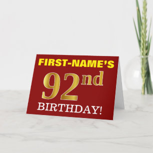 Rood, onecht goud "92e BIRTHDAY"-Kaart Kaart