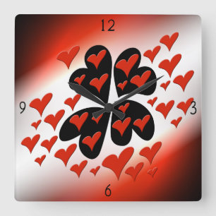 Rood op Black Hearts Square Wall klok