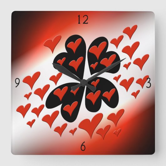 Rood op Black Hearts Square Wall klok (Voorkant)
