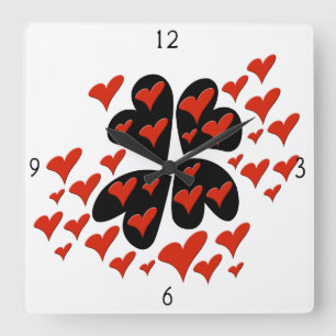 Rood op Black Hearts Square Wall klok