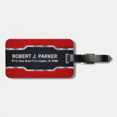 Rood op metalen lijnen met een zeshoekig maaspatro bagagelabel (Achterkant horizontaal)