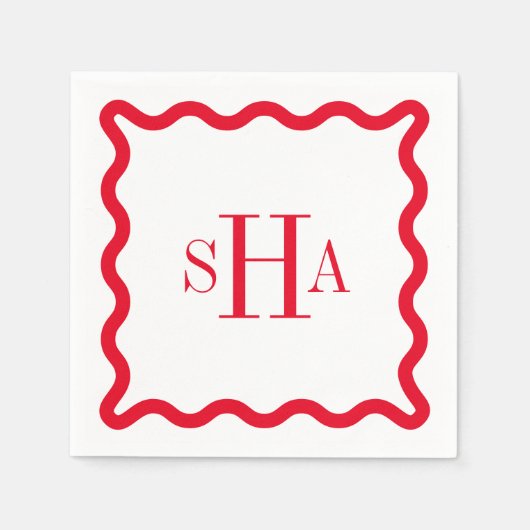 Rood op wit drie letter monogram golvend vierkant servet (Voorkant)
