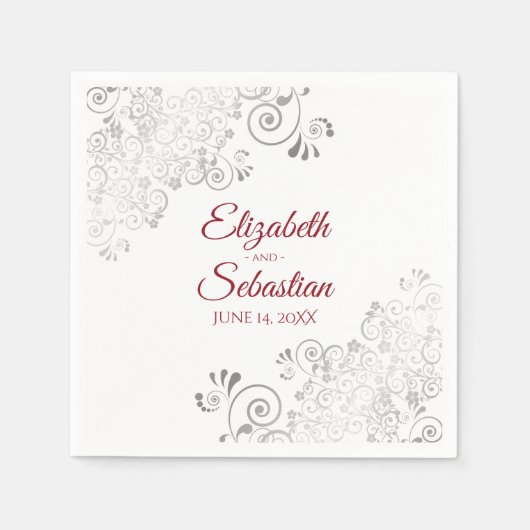 Rood op wit met zilveren franjes elegante bruiloft servet (Voorkant)