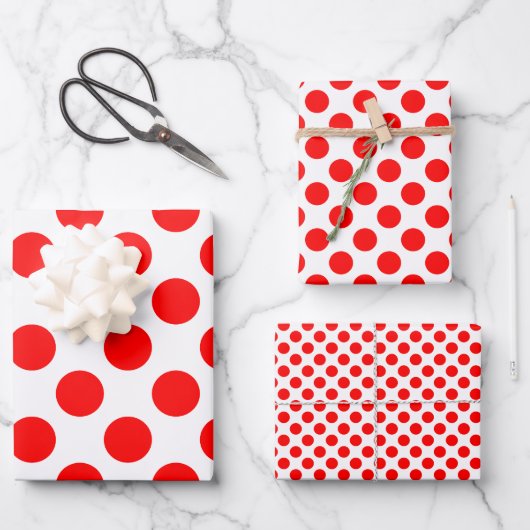 Rood op Wit Verschillende Maten Polka Dots Inpakpapier Vel (Voorkant)
