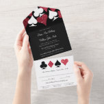 Rood op zwart faux glitter Las Vegas bruiloft All In One Uitnodiging<br><div class="desc">Deze handige all-in-one bruiloft uitnodiging heeft een elegante typografie en een accentafbeelding van speelkaartpakken in witte en kersenrode faux glitter. Perfect voor een Las Vegas bruiloft in een kleine kapel van de strip,  alles wat je nodig hebt is liefde en een getuige of twee!</div>