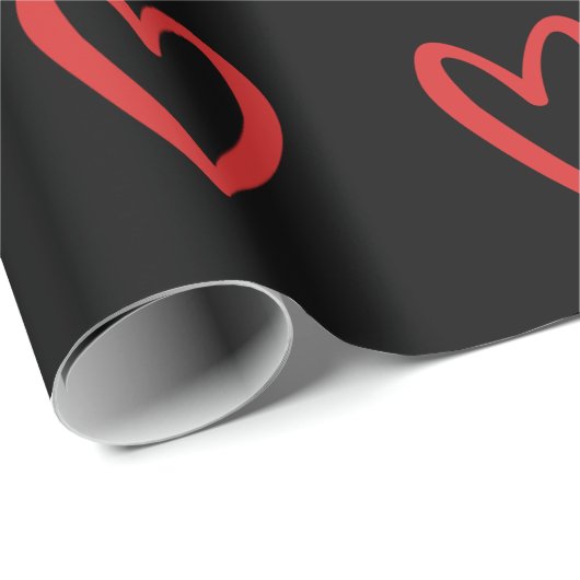 Rood op zwart handgetekende harten cadeaupapier (Rol Hoek)