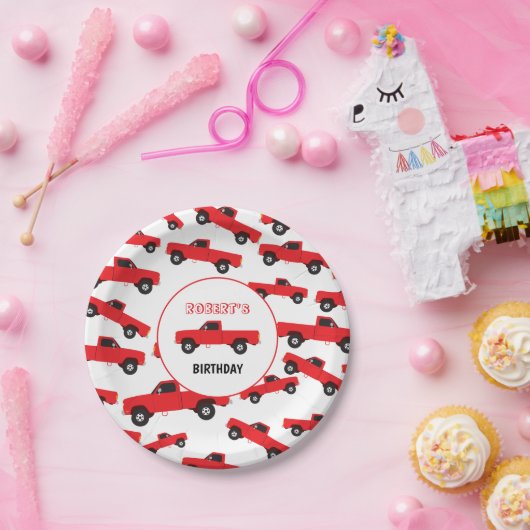 Rood ophaaltransport vrachtwagens Birthday Papieren Bordje (Feest)