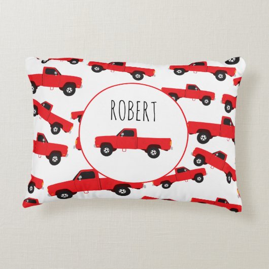 Rood ophaaltransport vrachtwagens naam accent kussen (Achterkant)