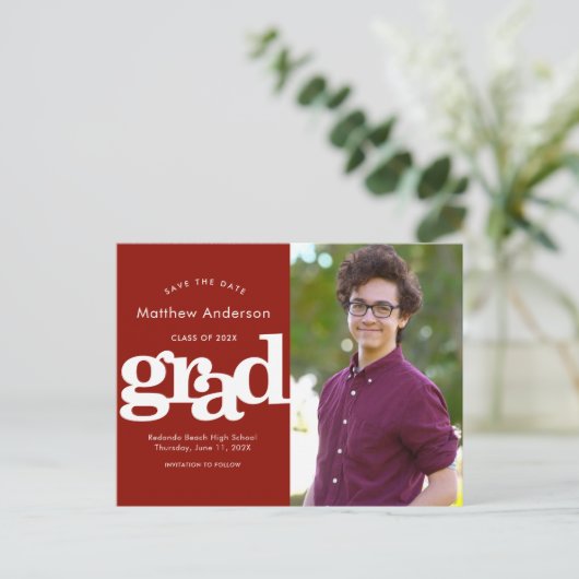Rood opslaan datum afstuderen foto vet typografie uitnodiging briefkaart (Staand voorkant)