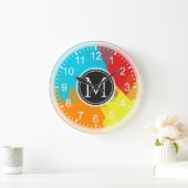 Rood Oranje Geel Blauw Mozaïek Modern Monogram Grote Klok (Huis)