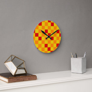 Rood Oranje Geel Geruit Patroonontwerp  Ronde Klok